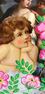 Cherubic figure with pink flowers in classical art style.