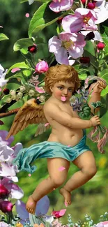 Cherub among vibrant floral blossoms in an artistic mobile wallpaper.