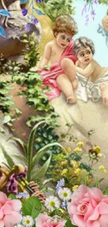 Wallpaper with cherubs in a fantasy garden setting.