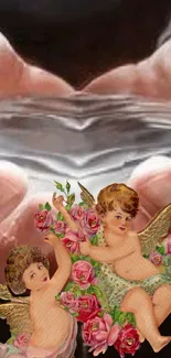 Mobile wallpaper featuring cherubic angels with roses in hand.