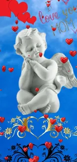 Cherubic angel with love hearts on blue sky background.