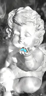 Cherubic statue with blue butterfly on finger, surrounded by smoky ambiance.