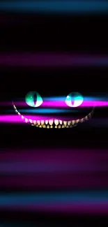 Cheshire Cat glowing eyes and smile on dark background.