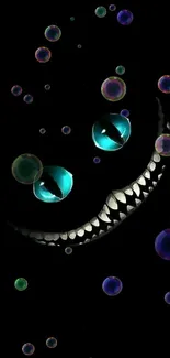 Cheshire Cat in dark wallpaper with glowing eyes and a wide smile.