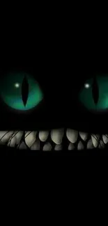 Cheshire Cat with glowing green eyes on a dark background.