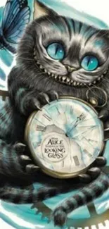 Cheshire Cat with a clock and a blue butterfly.