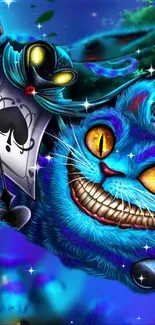 Vibrant Cheshire Cat illustration with magical, surreal elements.