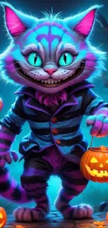 Cheshire Cat holding pumpkin lantern in vibrant fantasy scene.