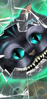 Cheshire Cat peeking through cracked glass with vibrant teal background.