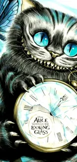 Cheshire Cat with blue eyes and butterfly holding a cracked clock.