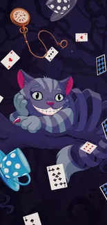 Whimsical Cheshire Cat with playing cards and teacup in vivid artwork.