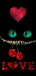 Cheshire Cat with cherries and red love heart on black background.