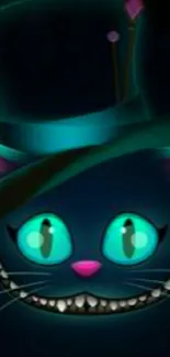 Neon Cheshire Cat with vibrant eyes and hat on a dark background.