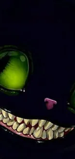 Cheshire Cat with glowing green eyes and a wide grin in a dark setting.