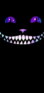 Cheshire Cat with a glowing smile on a purple background.