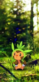 Chespin in a lush green forest setting.