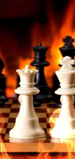 Chess pieces on board with flames in background.