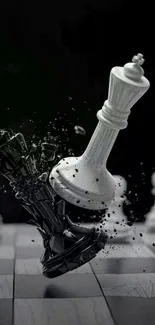 Chess pieces clashing mid-air in a dramatic black and white scene.