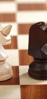 Two chess knight pieces on a wooden board