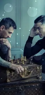 Two individuals playing chess on a suitcase, a blend of style and strategy.