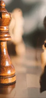 Chess piece on wooden board with soft focus in warm lighting.