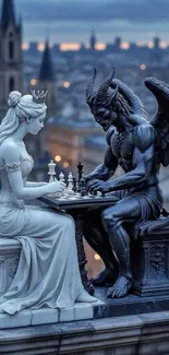 Statues playing chess atop a city skyline.