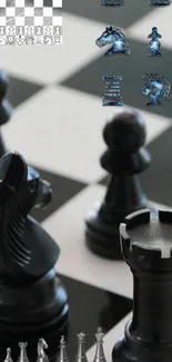 Chess pieces on a black and white checkerboard.