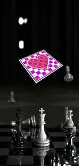 Chessboard with a pink heart card floating above.