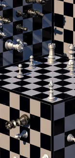 Chessboard with floating pieces and optical illusion in checkered black and white.