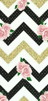 Chevron pattern with pink roses and gold glitter.