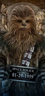 Creative Chewbacca mugshot with iconic sci-fi style on a mobile wallpaper.