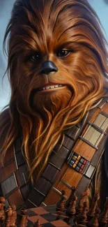 Chewbacca plays chess in a detailed Star Wars art piece wallpaper.