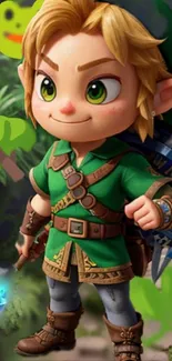 Chibi adventurer in green attire in a lush fantasy setting.