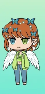 Chibi anime character with butterflies and wings on a light green background.