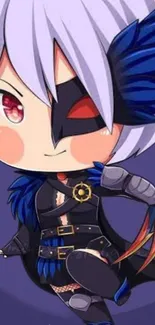 Chibi anime character with black outfit and purple background.