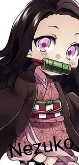 Chibi anime girl with pink eyes in traditional attire.