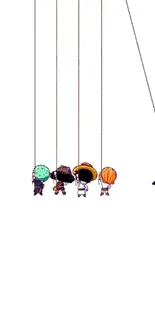 Chibi anime characters hanging from strings on a white background mobile wallpaper.