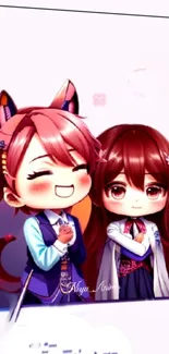 Chibi anime friends with pink and brown hair in a vibrant wallpaper.