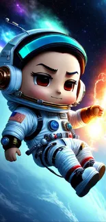 Chibi astronaut floating in colorful space art with a cosmic background.