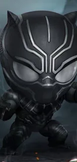 Chibi Black Panther in dark gray armor, striking a dynamic pose.