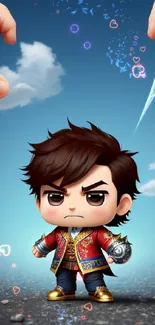 Chibi character art with blue sky background on mobile wallpaper.