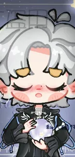 Chibi anime character with white hair holding a glowing orb.