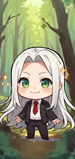 Chibi character with green eyes standing in a dense, magical forest.