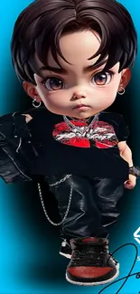 Chibi character with trendy urban outfit in blue-themed mobile wallpaper.