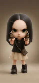 Chibi character with dark hair, holding pistols, on a beige background.