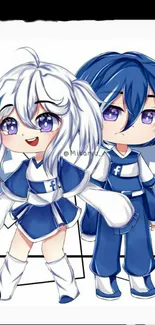 Chibi characters in blue and white outfits with vibrant colors.