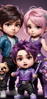 Chibi style anime characters with pets in vibrant outfits on a purple background.