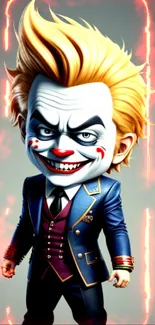 Chibi clown villain in suit with colorful makeup and bold design wallpaper.