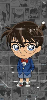 Chibi detective character on manga comic background.