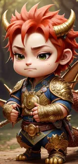 Chibi dragon warrior with golden armor and wings in a forest setting.